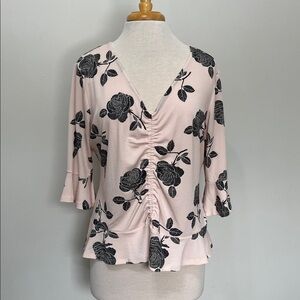 Candies Stretchy Tailored Elbow Sleeve Vneck Pink Black Floral Ruched Blouse SzM